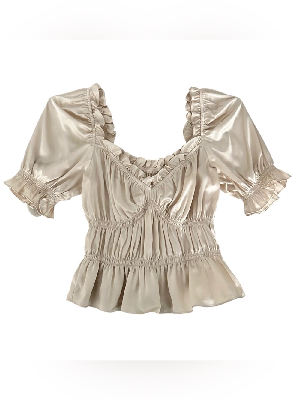 Reformation Olive Champagne Gold Silk Puff Short Sleeve Blouse Size M
